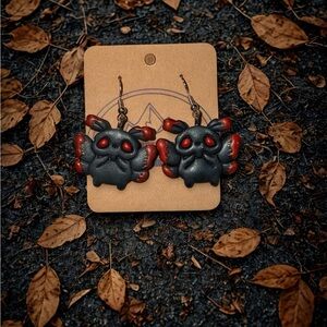 Artisan Crafted Black and Red Moth Man Earrings Polymer Clay Hand Made